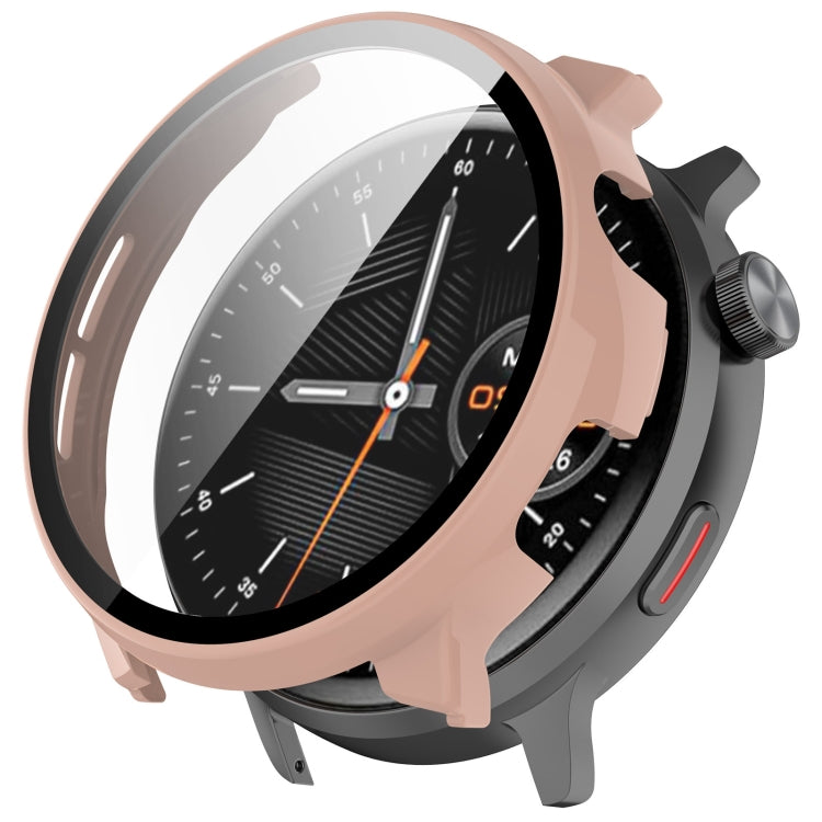 Pink protective watch case with integrated screen protector fitted on a watch