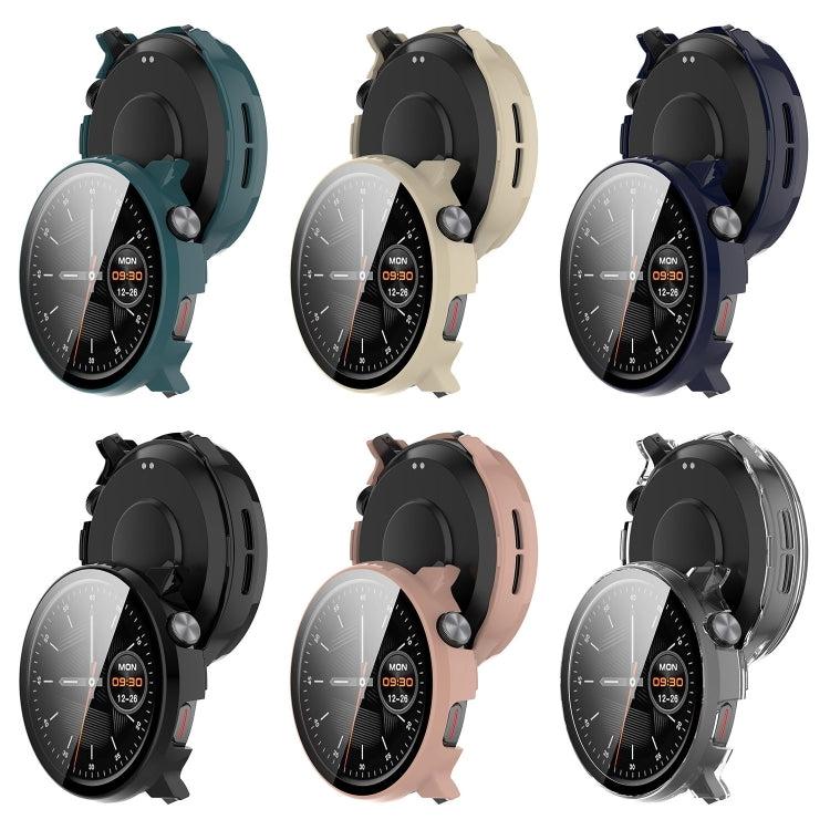 Six round watch protective cases with integrated screen protectors in blue, ivory, black, pink and clear