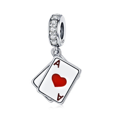 Sterling silver playing-card charm set with red heart and black spade, pave CZ borders