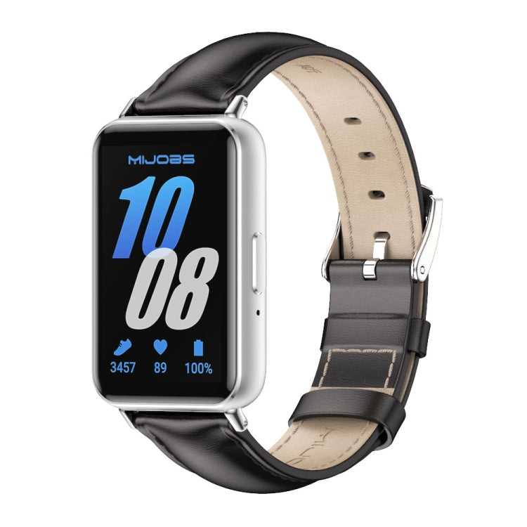 Black leather Galaxy Fit 3 watch band with beige lining and silver watch case
