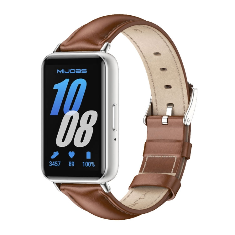 Brown leather Galaxy Fit 3 watch band with beige lining and silver watch case