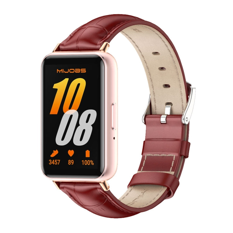 Red leather Galaxy Fit 3 watch band with beige lining and rose gold watch case