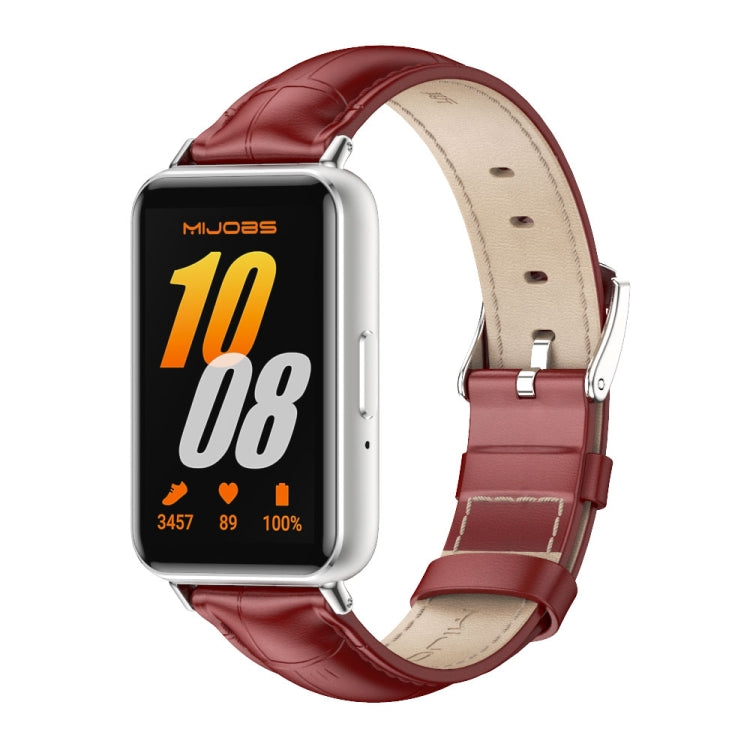 Red leather Galaxy Fit 3 watch band with beige lining and silver watch case