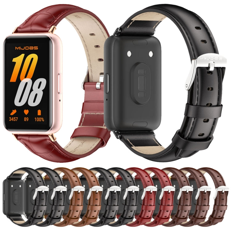Galaxy Fit 3 watch with leather bands in red and black, plus a row of assorted band colors