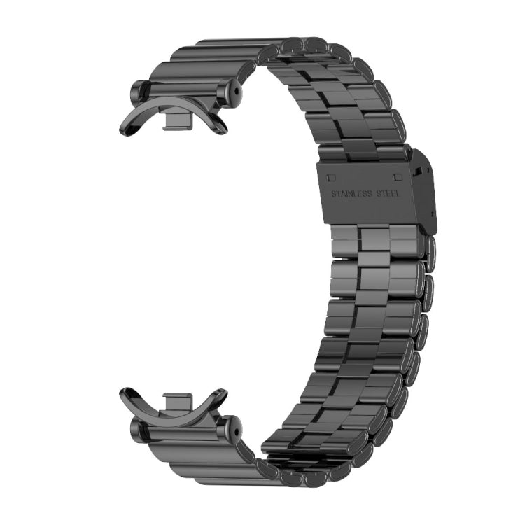 Black stainless steel link watch band with folding clasp, shown without tracker