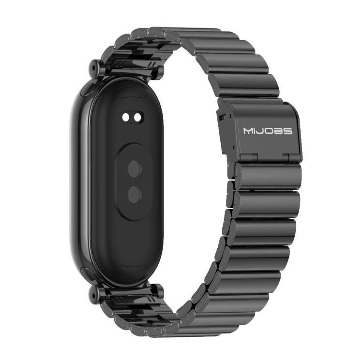Back view of black metal link band fitted with a Xiaomi Smart Band tracker
