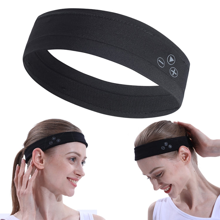 Black wireless Bluetooth sports headband with side control buttons, shown worn by two models.