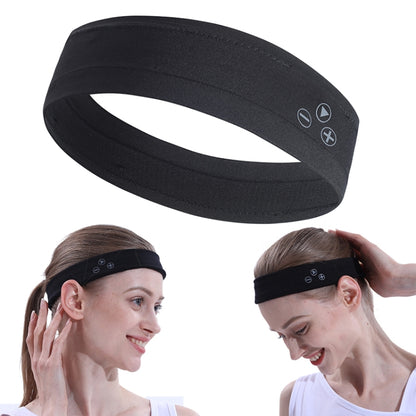 Black wireless Bluetooth sports headband with side control buttons, shown worn by two models.
