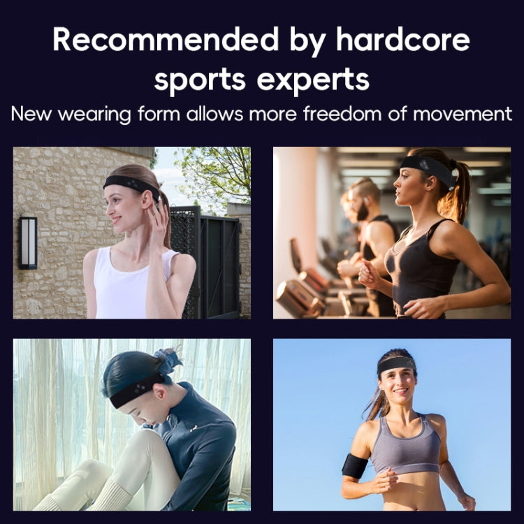 Black Bluetooth sports headband worn during exercise in four lifestyle scenes.