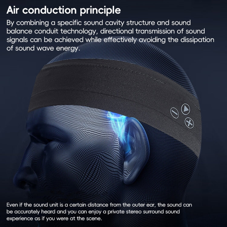 Black Bluetooth sports headband shown over an ear in an air-conduction sound diagram.