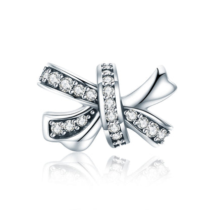Sterling silver bow bead charm with pavé clear stones