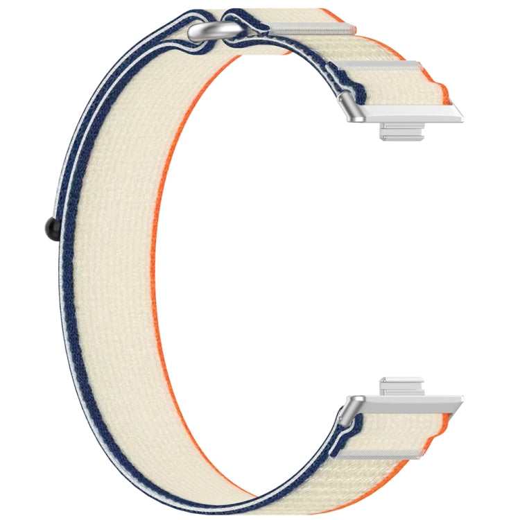 Cream nylon loop watch band with navy and orange edging, shown detached