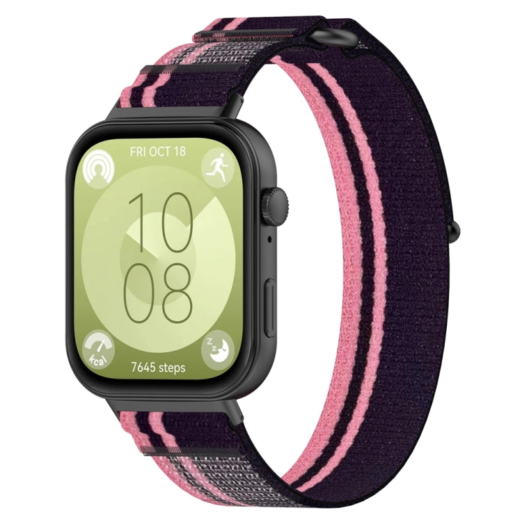 Dark purple nylon loop watch band with pink stripes on a smartwatch