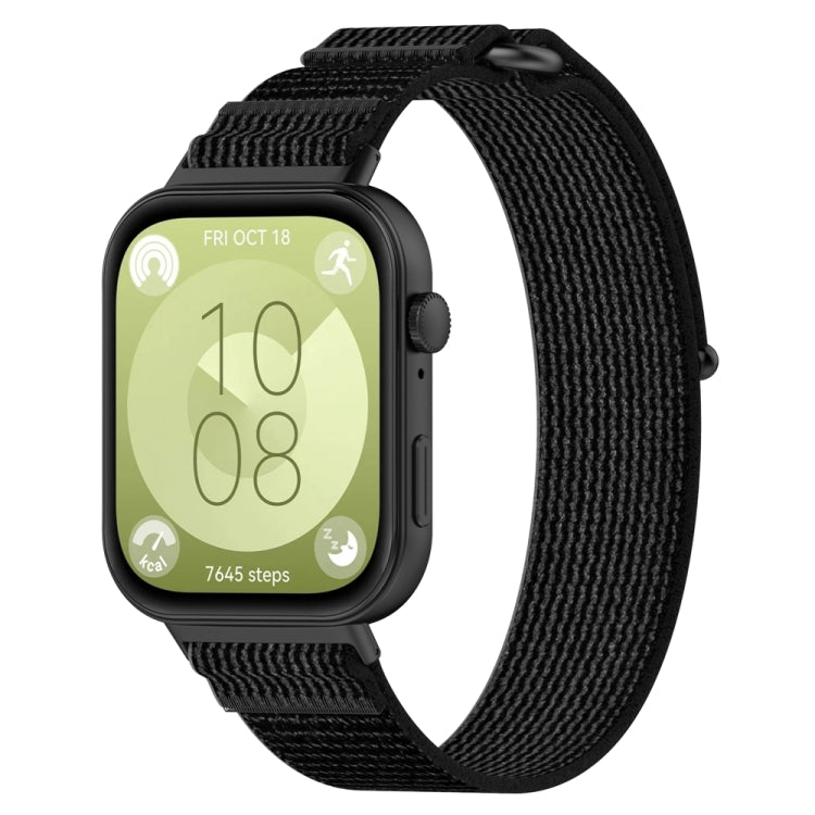 Black nylon loop watch band with textured woven fabric on a smartwatch