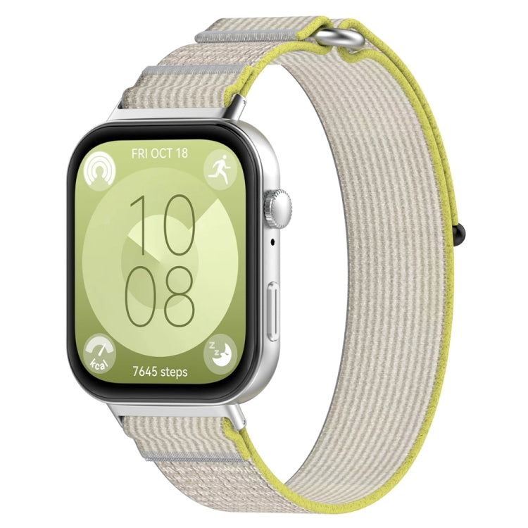 Nylon loop watch band with beige fabric and lime edging, shown on a smartwatch