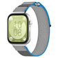 Nylon loop watch band with gray fabric and bright blue edging on a smartwatch