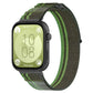 Loop nylon watch band in dark green with bright green stripes, shown on a black watch