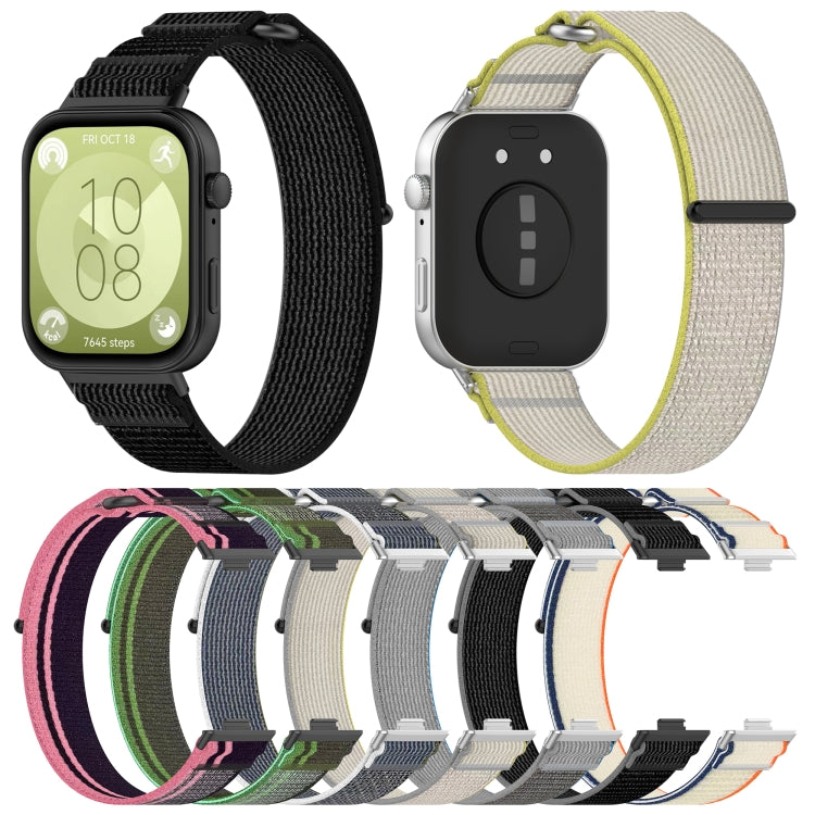 Loop nylon watch bands in assorted colors, shown on watches and arranged in a color lineup