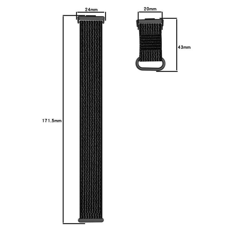 Black loop nylon watch band shown flat with width and length measurements
