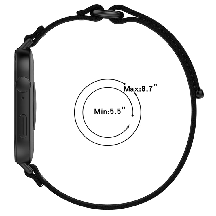 Black loop nylon watch band shown on a watch, adjustable for 5.5 to 8.7-inch wrists