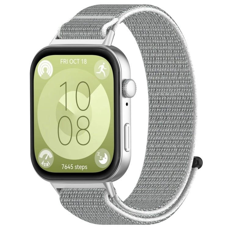 Light gray nylon hook-and-loop watch band attached to a smartwatch