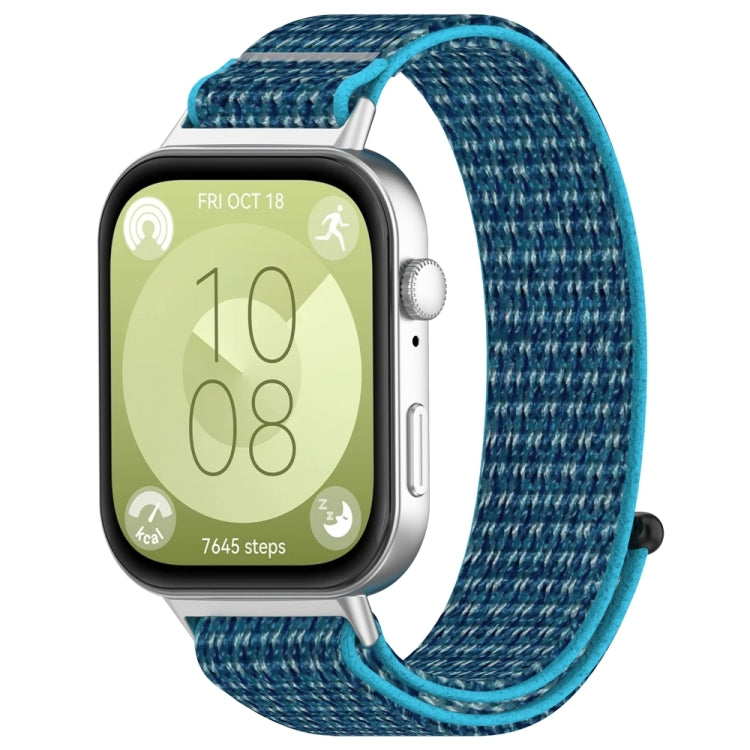 Blue nylon hook-and-loop watch band with bright blue edging, attached to a smartwatch
