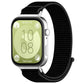 Black nylon hook-and-loop watch band with matching dark edging, attached to a smartwatch