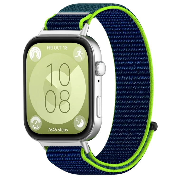 Navy nylon watch band with bright green edging, fitted to a smartwatch