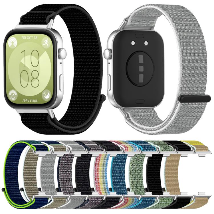 Nylon hook-and-loop watch band shown in black and gray, with color options below