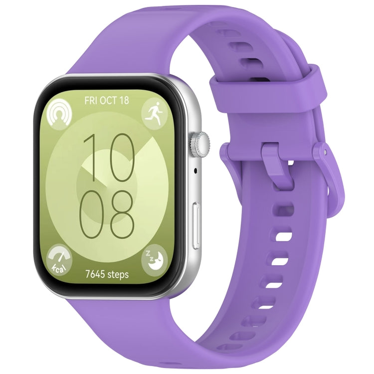 Purple silicone sports watch band with buckle, shown attached to a smartwatch