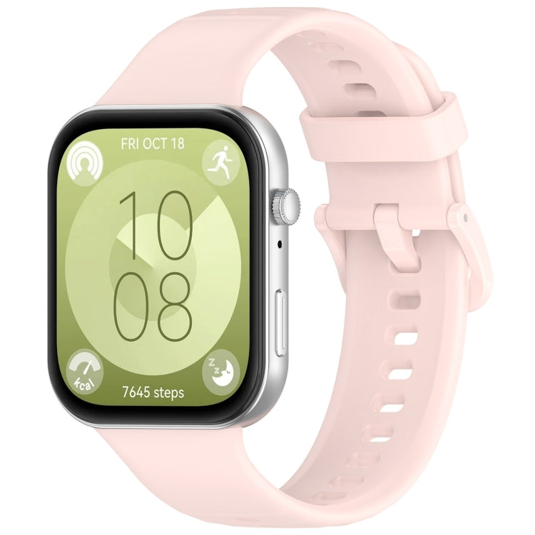 Light pink silicone sports watch band with buckle, shown attached to a smartwatch