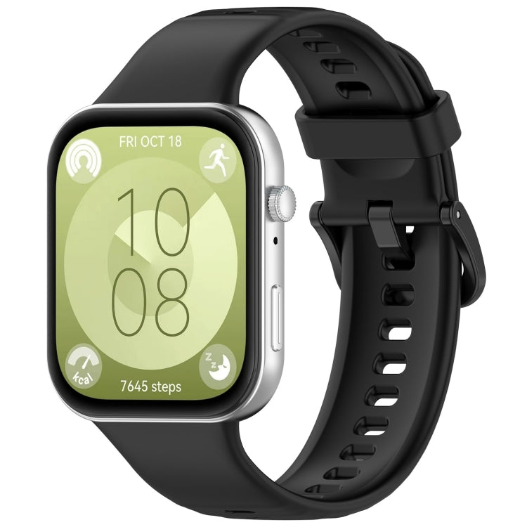 Black silicone sports watch band with buckle, shown attached to a smartwatch