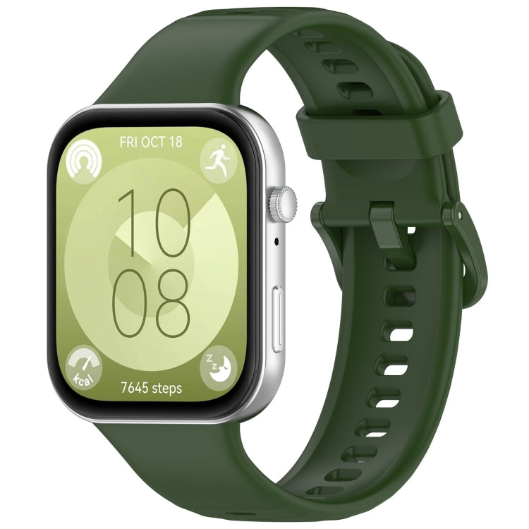 Dark green silicone sports watch band with buckle, shown attached to a smartwatch