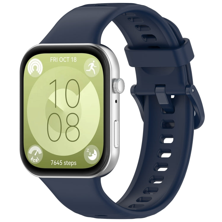 Navy silicone sports watch band with buckle, shown attached to a smartwatch