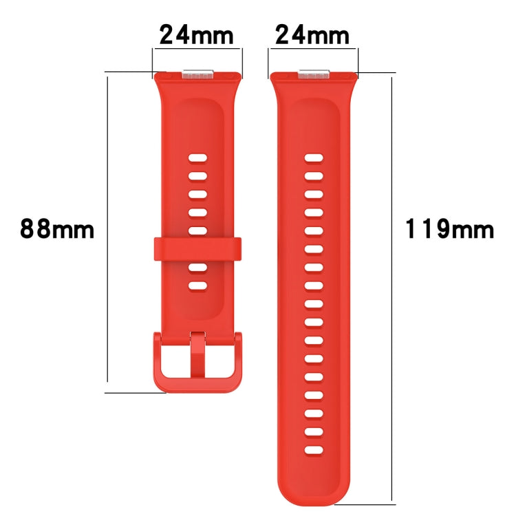 Red silicone sports watch band in two lengths, with buckle and adjustable holes