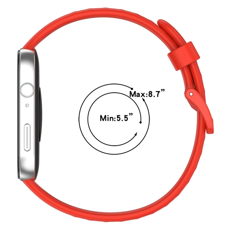 Red silicone sports watch band with buckle, shown in a loop beside fit measurements
