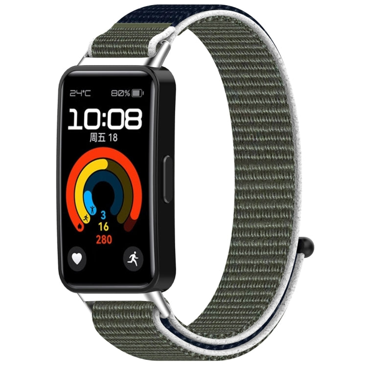 Olive green nylon hook-and-loop watch band shown attached to a fitness tracker