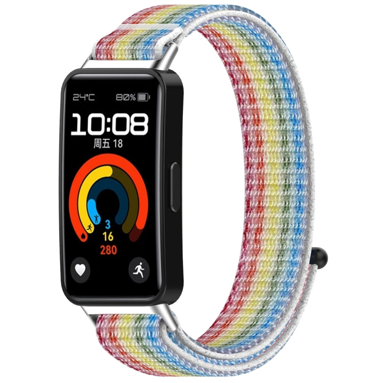 Multicolor nylon hook-and-loop watch band shown attached to a fitness tracker