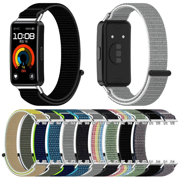 Nylon hook-and-loop watch bands in assorted colors, shown front and back on a tracker