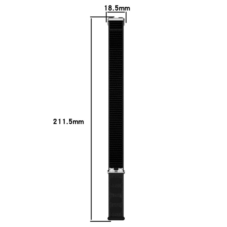 Black nylon watch band shown flat, measuring 211.5 mm long and 18.5 mm wide