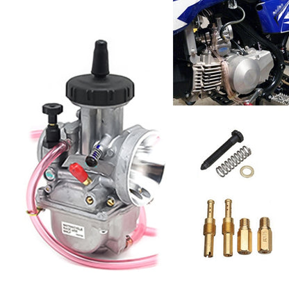 Universal motorcycle motor carburetor with black choke cap, silver body, pink fuel lines