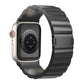 Black metal watch band with magnetic buckle shown on a smartwatch