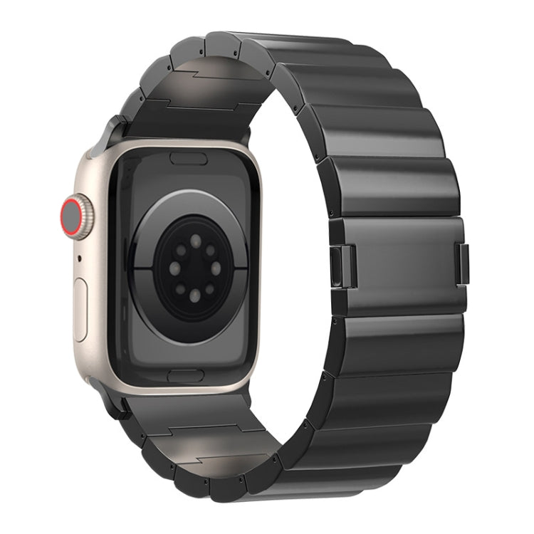 Black metal watch band with broad links and a magnetic buckle