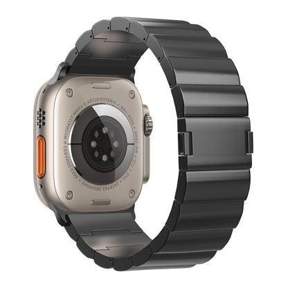 Black titanium watch band with magnetic buckle, shown on a watch back