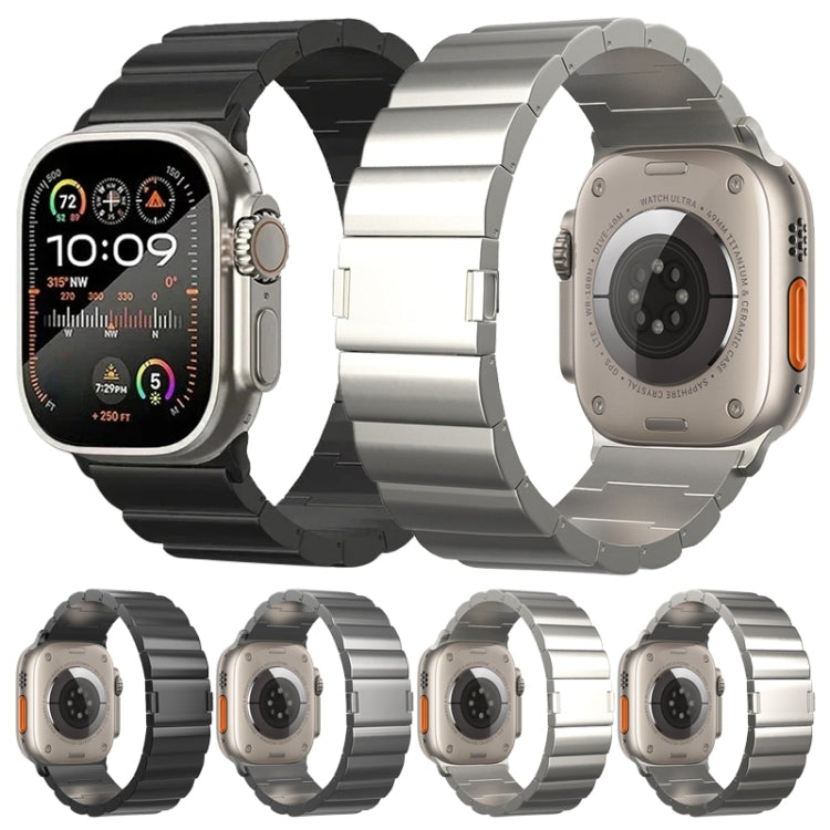 Titanium metal watch band shown in black, gray, and silver on smartwatches
