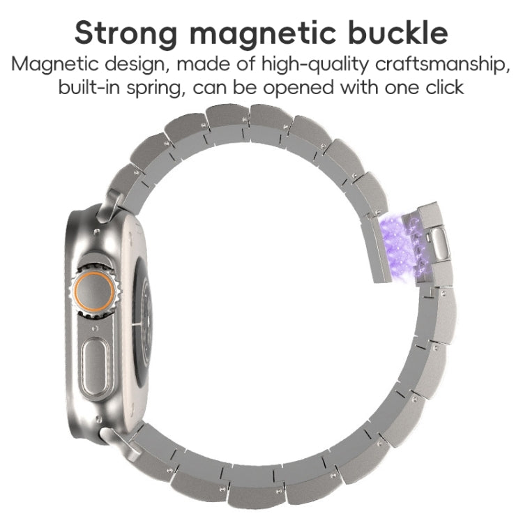 Silver titanium metal watch band showing its magnetic clasp and linked design