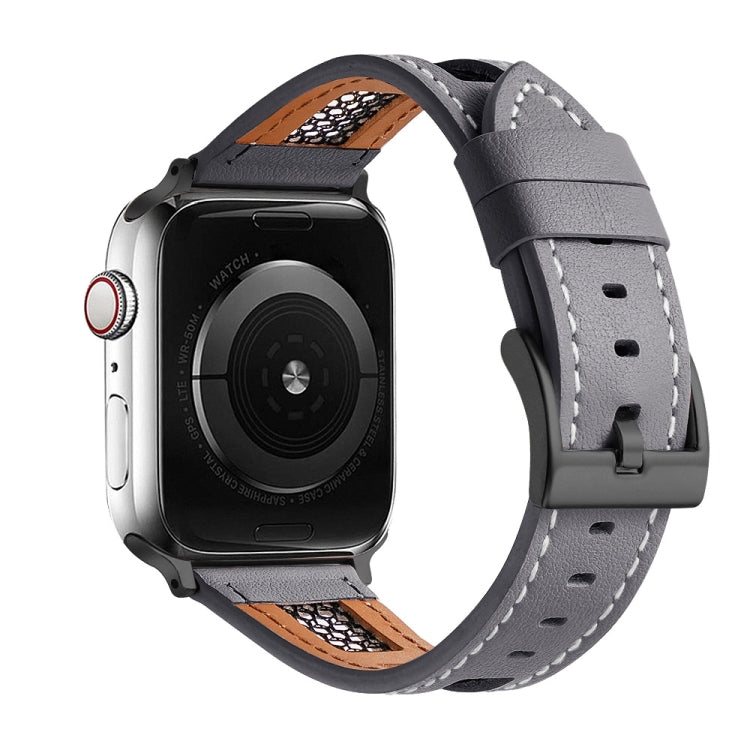 Gray leather Apple Watch band with white stitching, perforations, and mesh inner panels