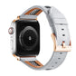 Apple Watch with a light gray perforated leather band and rose gold-tone buckle