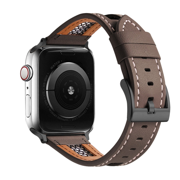 Coffee-brown mesh calfskin leather watch band with white stitching and dark buckle, shown on a watch.