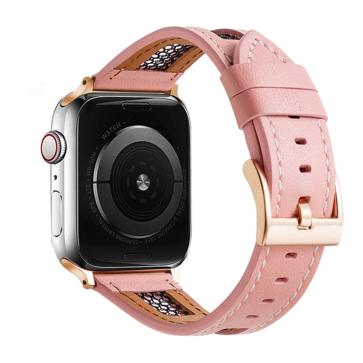 Pink mesh calfskin leather watch band with white stitching and rose gold-tone buckle.